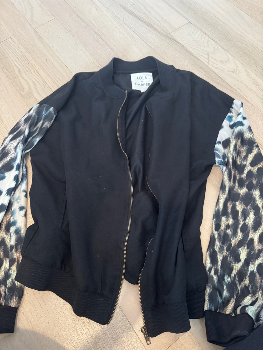 Black Bomber Jacket with Leopard-Print Sleeves